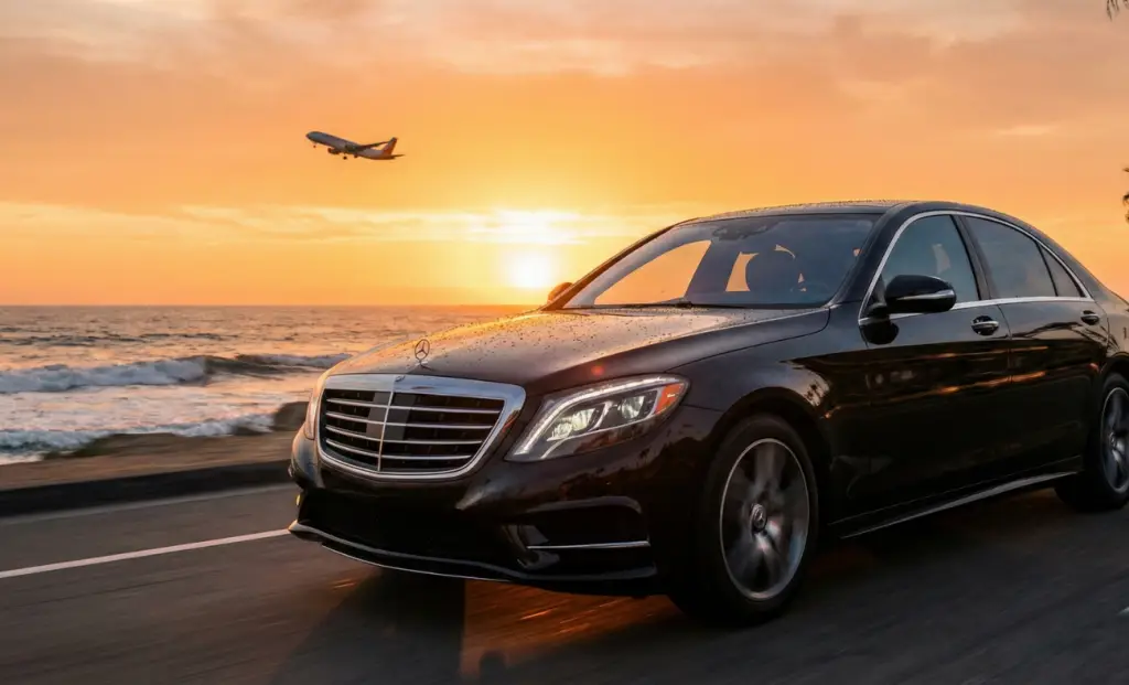 Black Mercedes-Benz S-Class luxury sedan driving along the Newport Beach coast at sunset during a private transfer from John Wayne Airport to Orange County resorts.