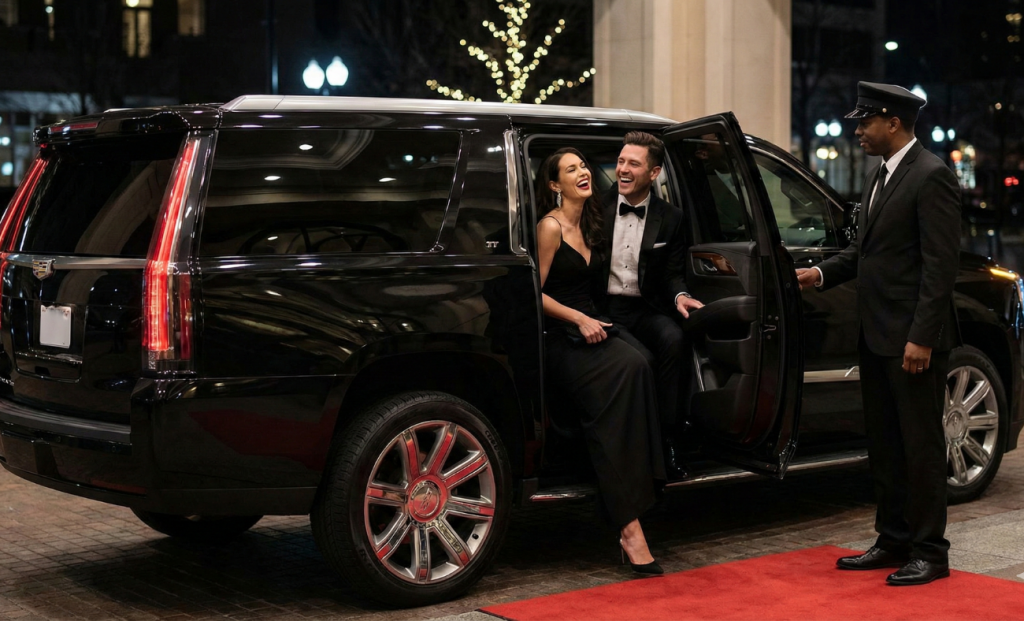 Candid-style photo of a stylish couple in black-tie attire (tuxedo and evening gown) laughing as they exit a large black luxury SUV (Cadillac Escalade), a uniformed chauffeur is holding the door open, they are stepping onto a red carpet outside a fancy event venue at night, blurred background lights. Caption: Make an unforgettable entrance at your next formal event with our professional gala limo service.