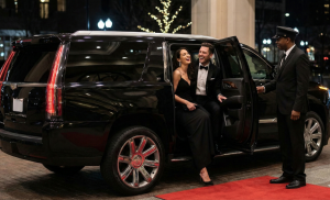 Candid-style photo of a stylish couple in black-tie attire (tuxedo and evening gown) laughing as they exit a large black luxury SUV (Cadillac Escalade), a uniformed chauffeur is holding the door open, they are stepping onto a red carpet outside a fancy event venue at night, blurred background lights. Caption: Make an unforgettable entrance at your next formal event with our professional gala limo service.