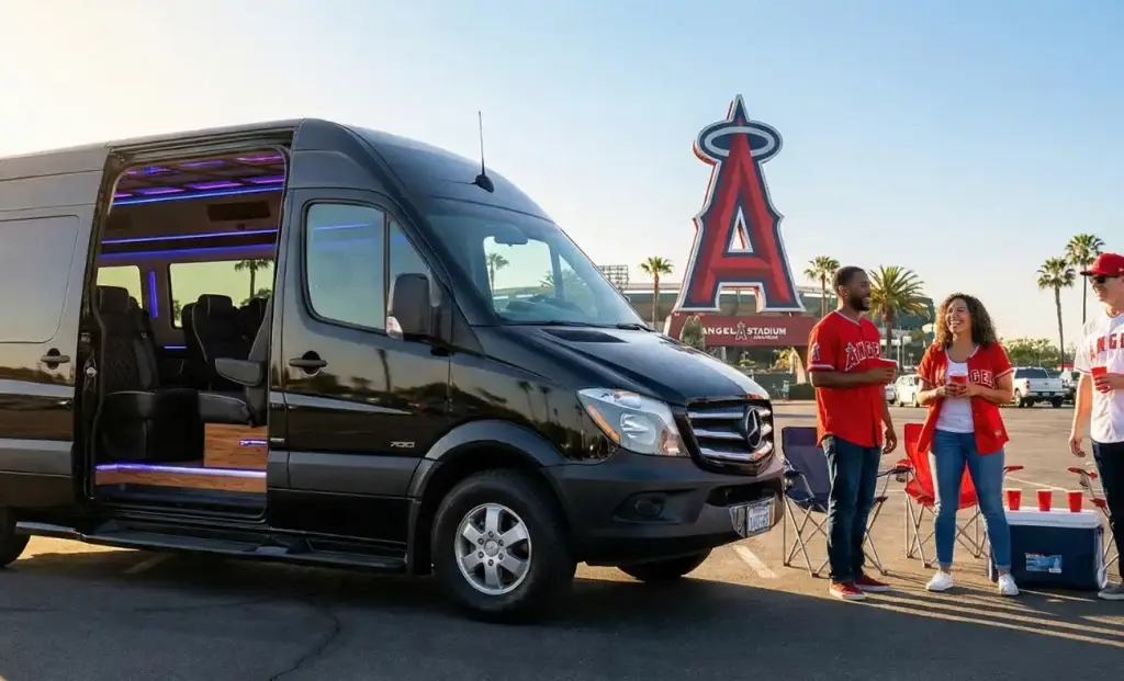 Sporting event limo rental in Orange County featuring a luxury Mercedes Sprinter van at a VIP tailgate with fans celebrating near Angel Stadium.