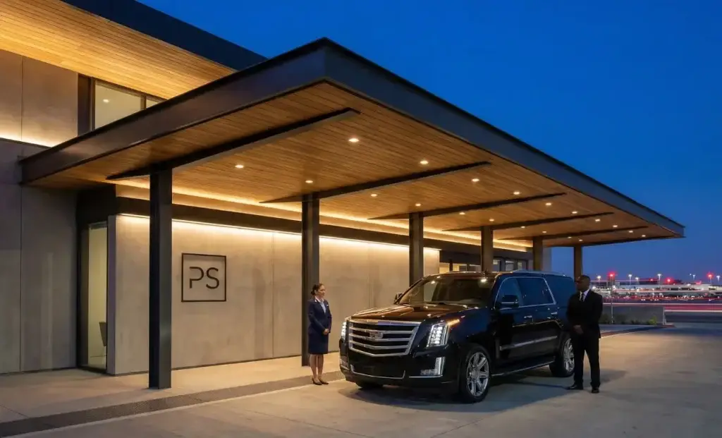 Luxury black SUV arriving at the exclusive Private Suite (PS) terminal at LAX, providing the ultimate VIP experience for Airport Transfers Beverly Hills.